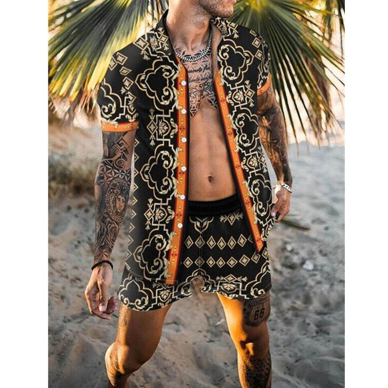 Hawaiian Printing Short Sleeve Button Shirt Beach Shorts Set - GetHolidayReady.co.uk