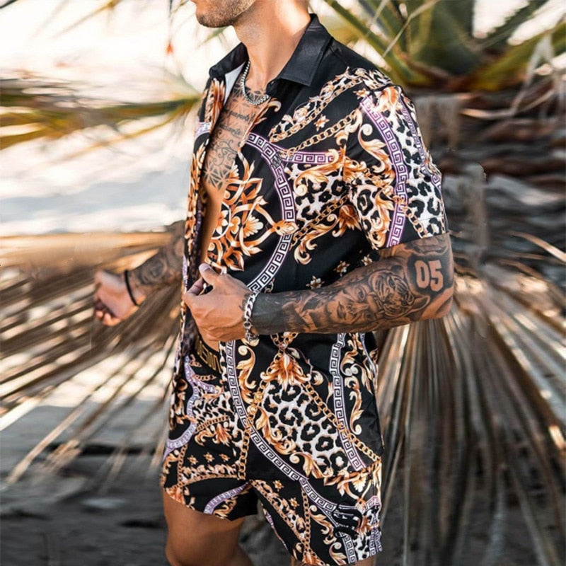 Hawaiian Printing Short Sleeve Button Shirt Beach Shorts Set - GetHolidayReady.co.uk