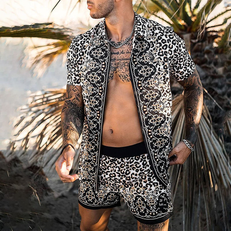 Hawaiian Printing Short Sleeve Button Shirt Beach Shorts Set - GetHolidayReady.co.uk