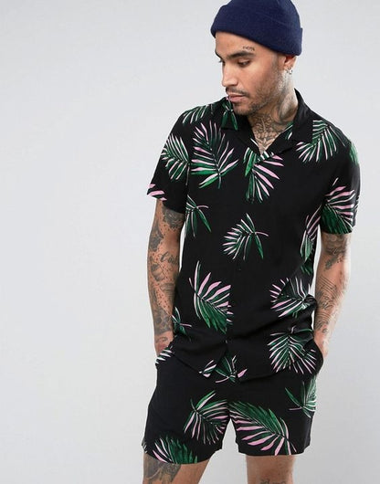 Hawaiian Printing Short Sleeve Button Shirt Beach Shorts Set - GetHolidayReady.co.uk