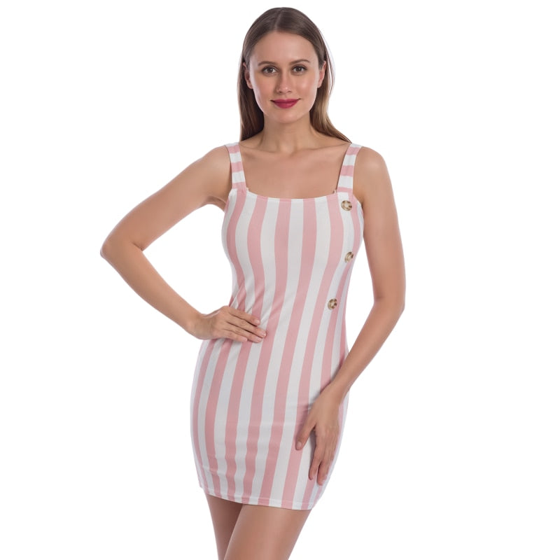 Retro Vertical Striped Button Suspenders Sleeveless Dress - GetHolidayReady.co.uk