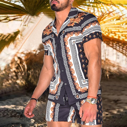 Hawaiian Printing Short Sleeve Button Shirt Beach Shorts Set - GetHolidayReady.co.uk