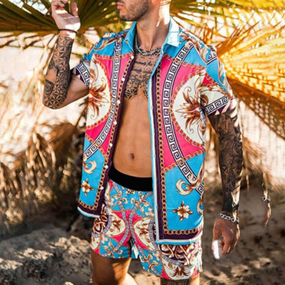 Hawaiian Printing Short Sleeve Button Shirt Beach Shorts Set - GetHolidayReady.co.uk