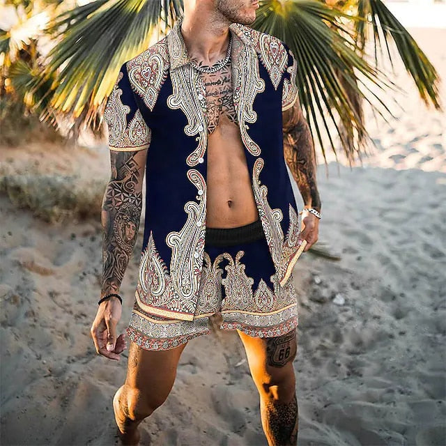 Hawaiian Printing Short Sleeve Button Shirt Beach Shorts Set - GetHolidayReady.co.uk