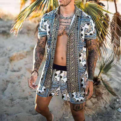 Hawaiian Printing Short Sleeve Button Shirt Beach Shorts Set - GetHolidayReady.co.uk