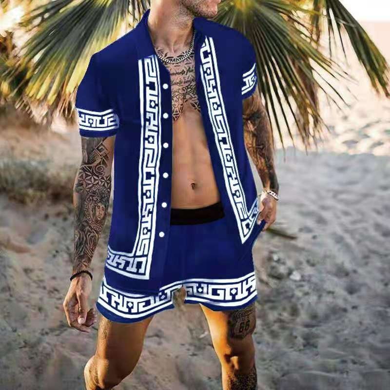 Hawaiian Printing Short Sleeve Button Shirt Beach Shorts Set - GetHolidayReady.co.uk