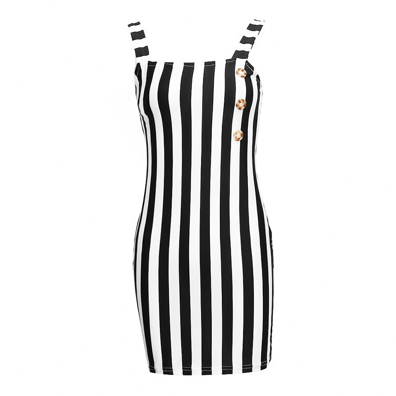 Retro Vertical Striped Button Suspenders Sleeveless Dress - GetHolidayReady.co.uk