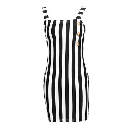 Retro Vertical Striped Button Suspenders Sleeveless Dress - GetHolidayReady.co.uk