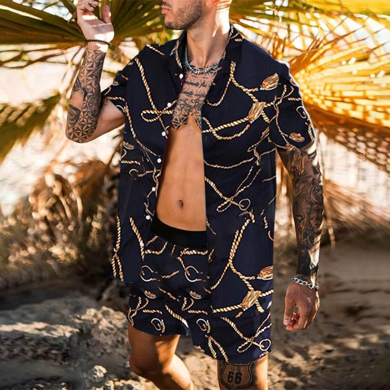 Hawaiian Printing Short Sleeve Button Shirt Beach Shorts Set - GetHolidayReady.co.uk