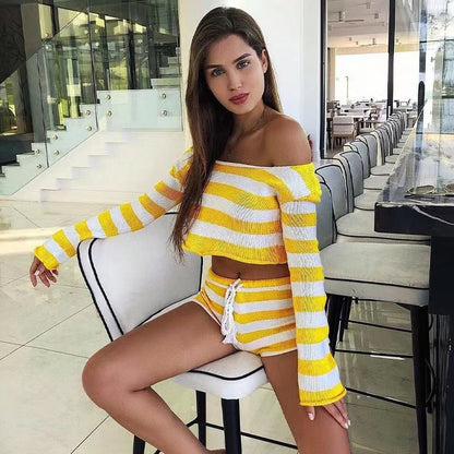 Knit Stripe Crop Top Shorts Sets - GetHolidayReady.co.uk