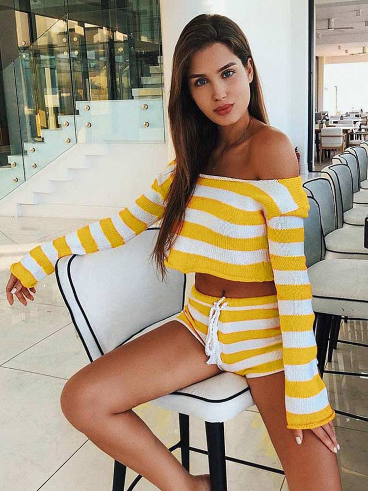 Knit Stripe Crop Top Shorts Sets - GetHolidayReady.co.uk